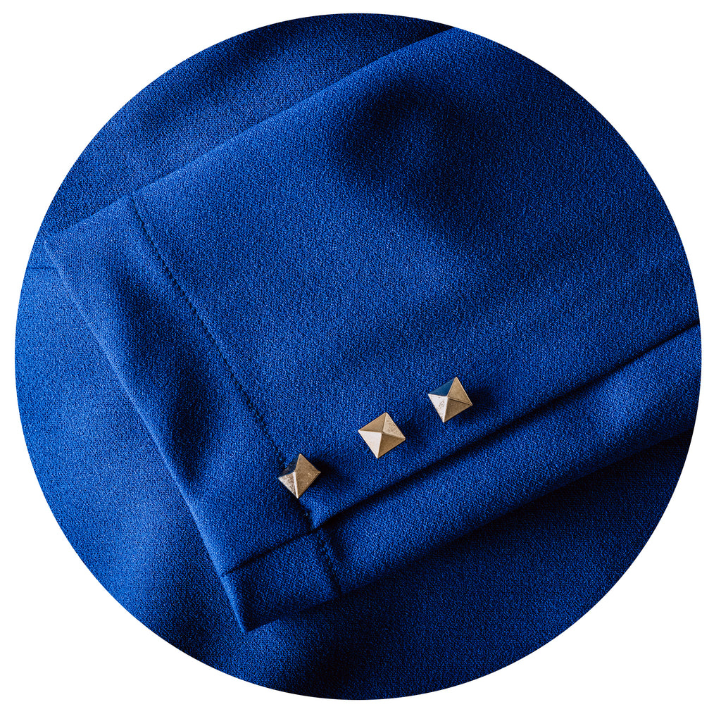YURIYASA Stretch Blazer in Sapphire Blue with Gold Pyramid Buttons