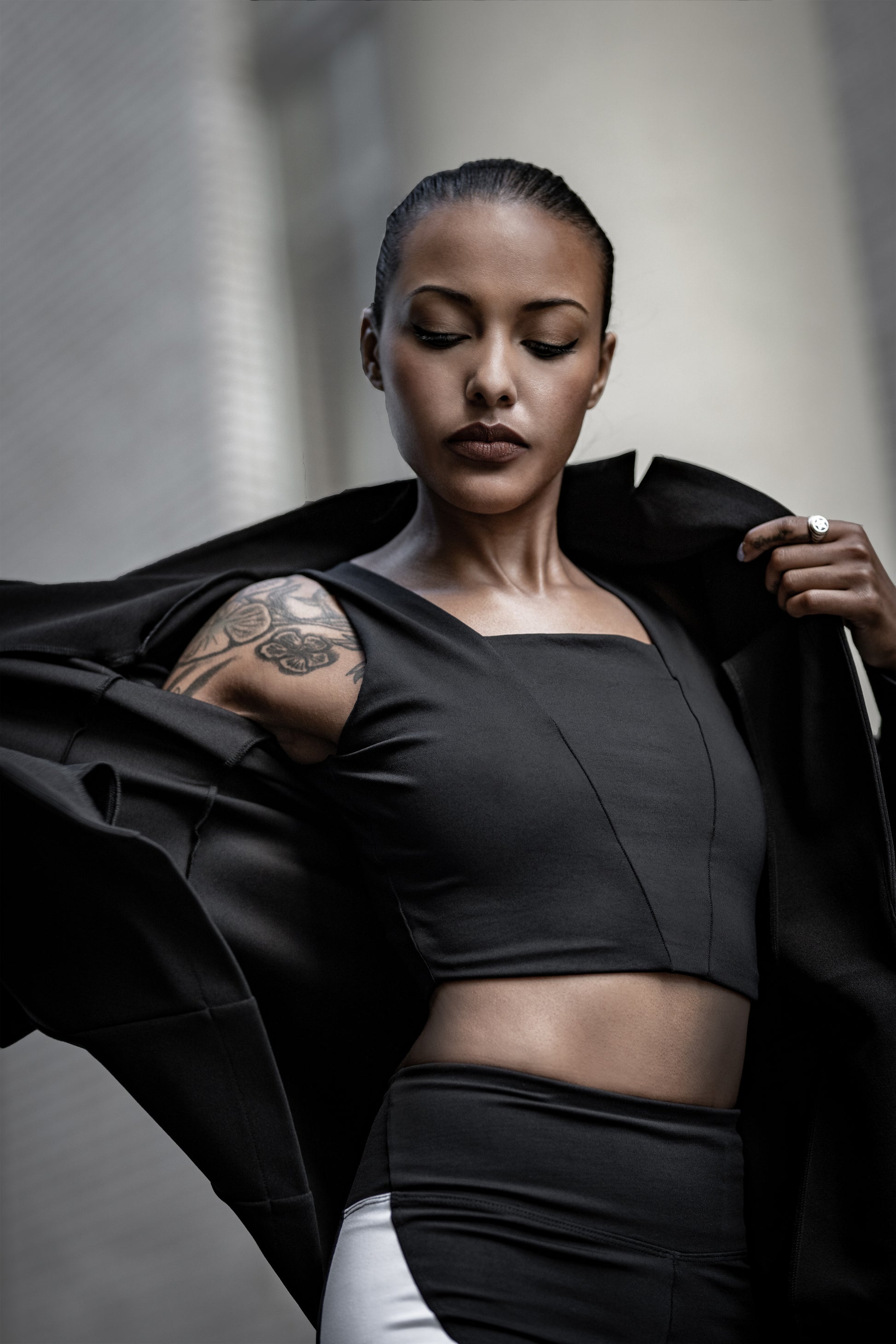 Black Stretch Blazer, Black Yoga Square Neck Crop Top, Black Bike Shorts with White Stripe 