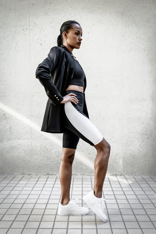 Black Stretch Blazer, Black Bike Shorts with White Stripes, Black Square Neck Crop Sports Top
