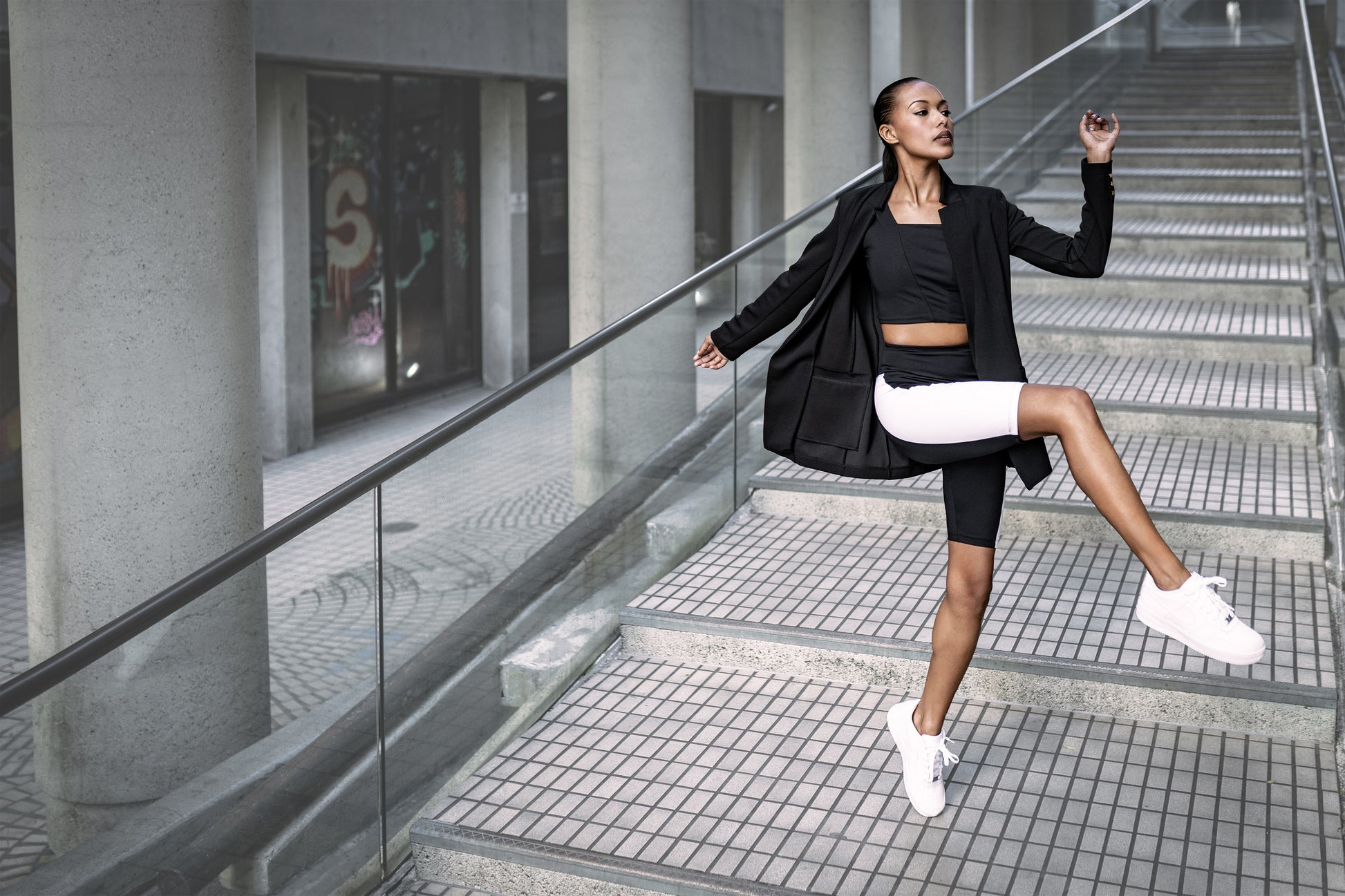 Black Stretch Blazer, Black Bike Shorts with White Stripes, Black Square Neck Crop Sports Top