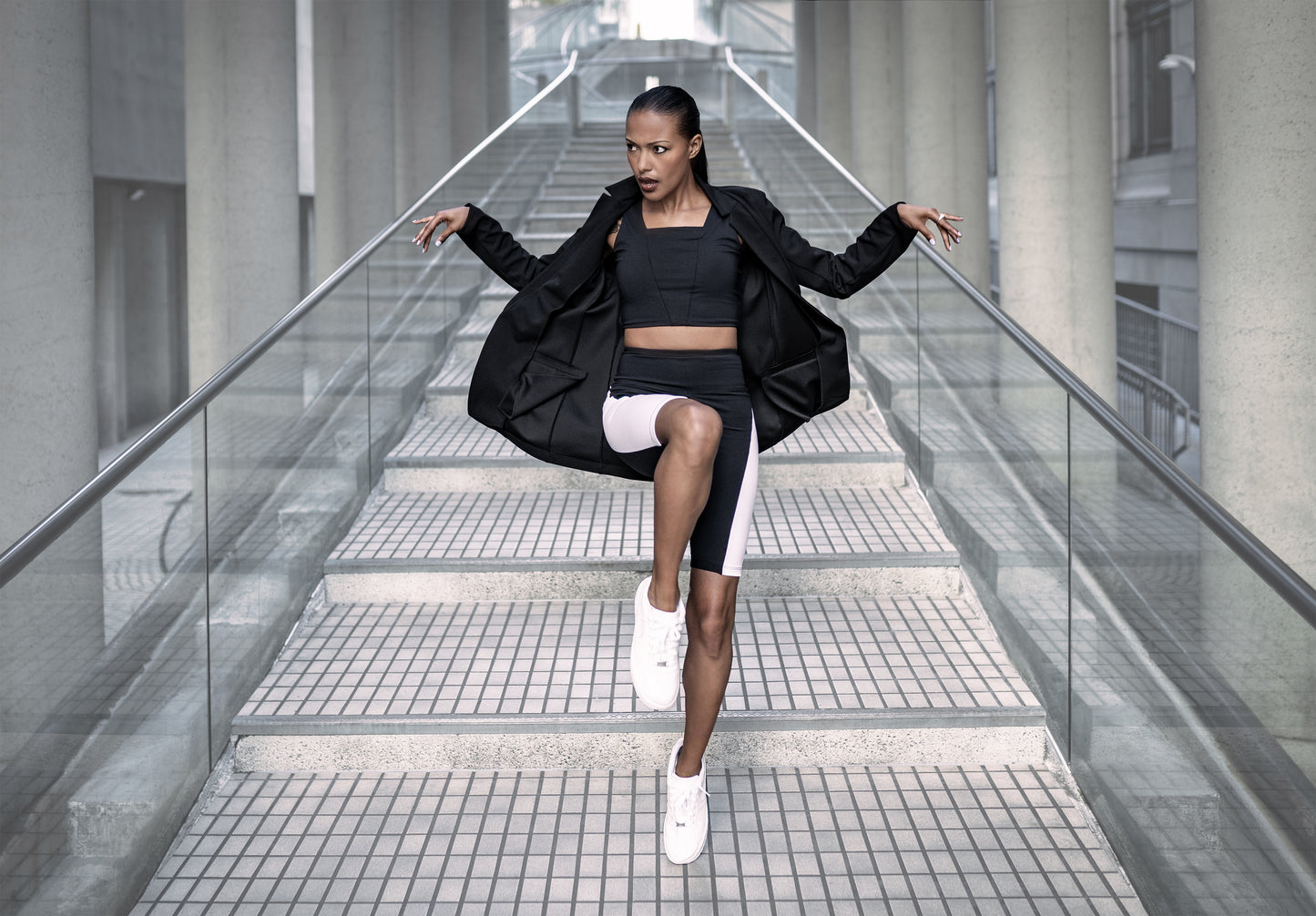 Black Stretch Blazer, Black Bike Shorts with White Stripes, Black Square Neck Crop Sports Top