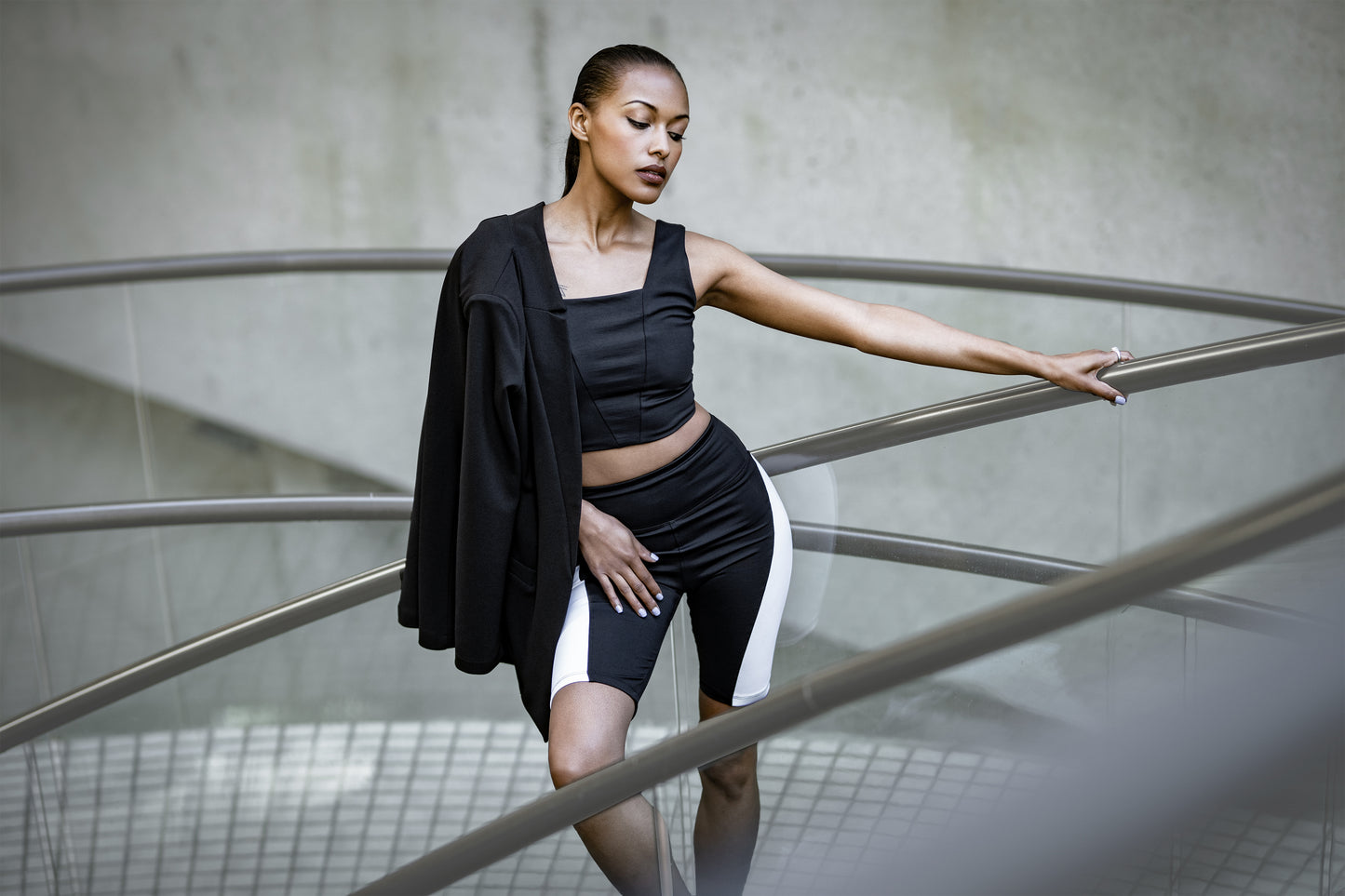 Black Stretch Blazer, Black Yoga Square Neck Crop Top, Black Bike Shorts with White Stripe