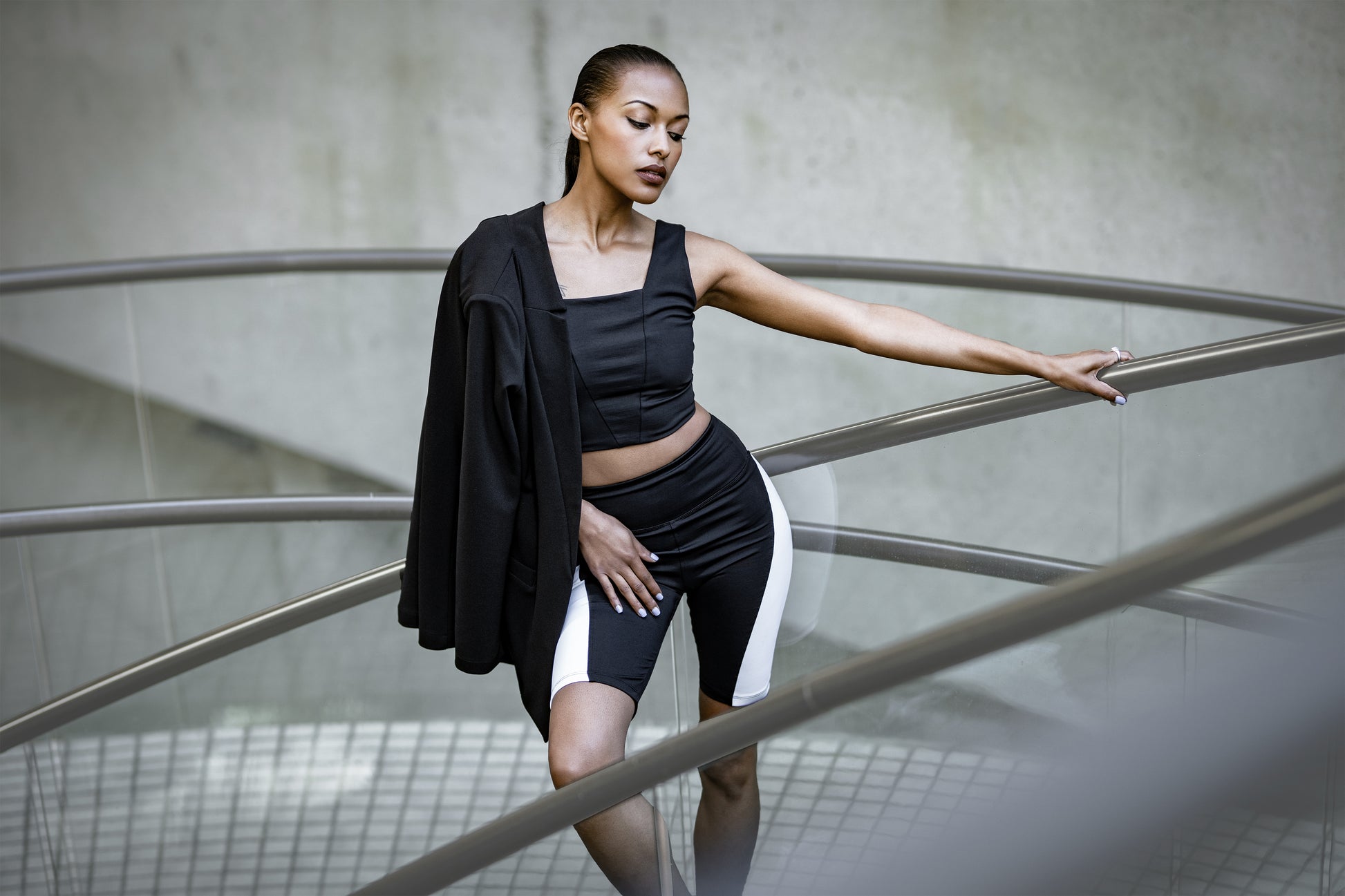 Black Stretch Blazer, Black Yoga Square Neck Crop Top, Black Bike Shorts with White Stripe