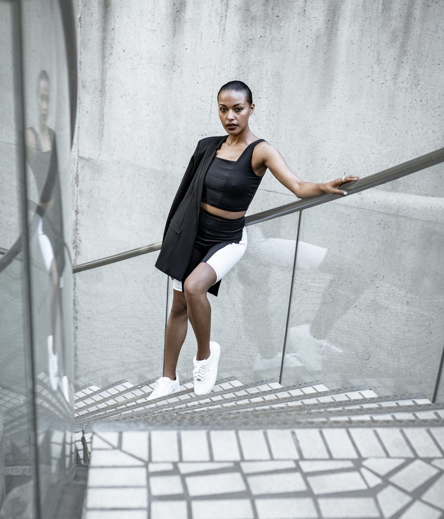 Black Stretch Blazer, Black Yoga Square Neck Crop Top, Black Bike Shorts with White Stripe