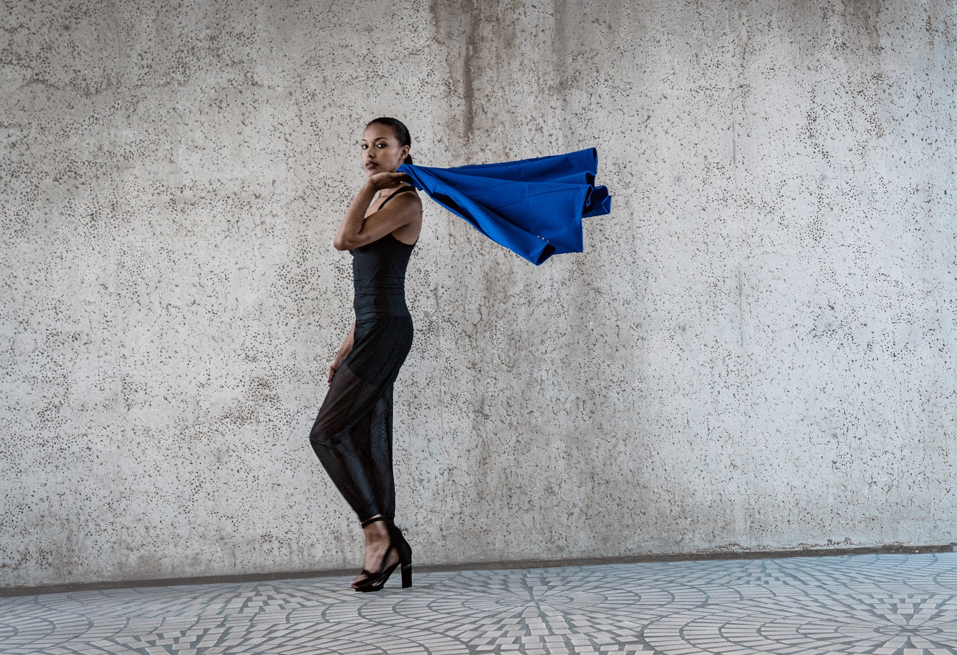 Sapphire Blue Stretch Blazer, Black V Short Yoga Pant with Mesh, Black Bustier Sport Bra Top