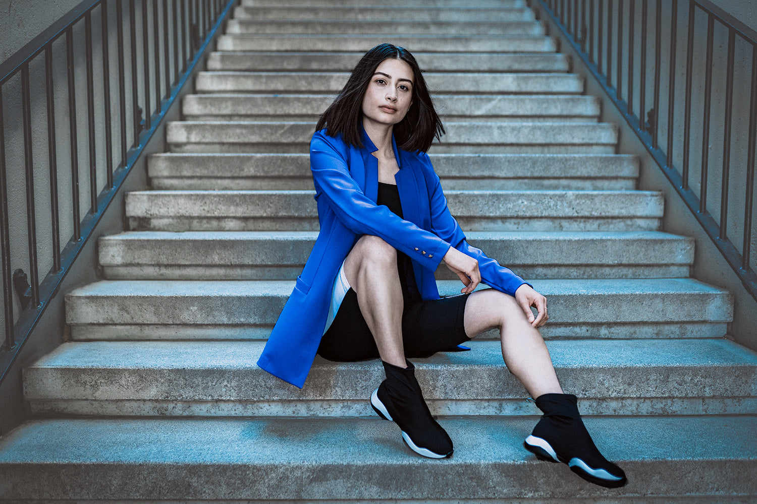 Sapphire Blue Stretch Blazer, Black Bike Shorts with White Stripes, Black Square Neck Crop Sports Top