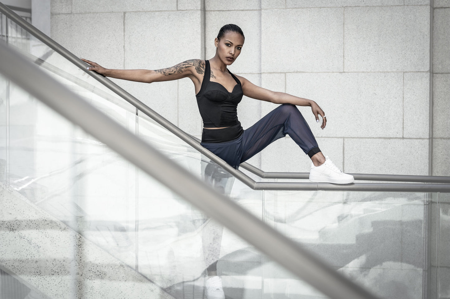Black Bustier Sports Bra Top, Navy Blue Mesh Yoga Pants