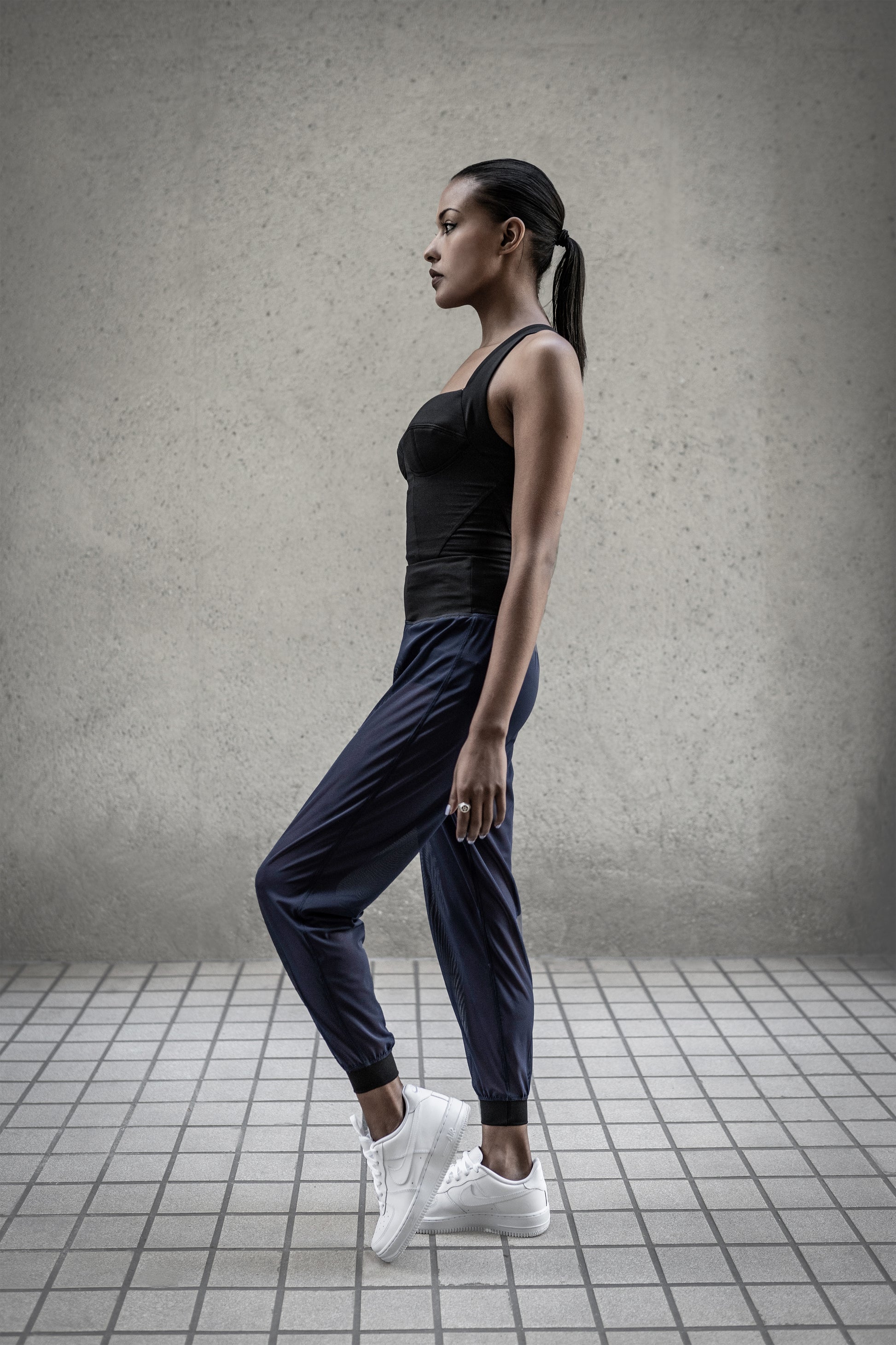 Black Bustier Sports Bra Top, Navy Blue Mesh Yoga Pants