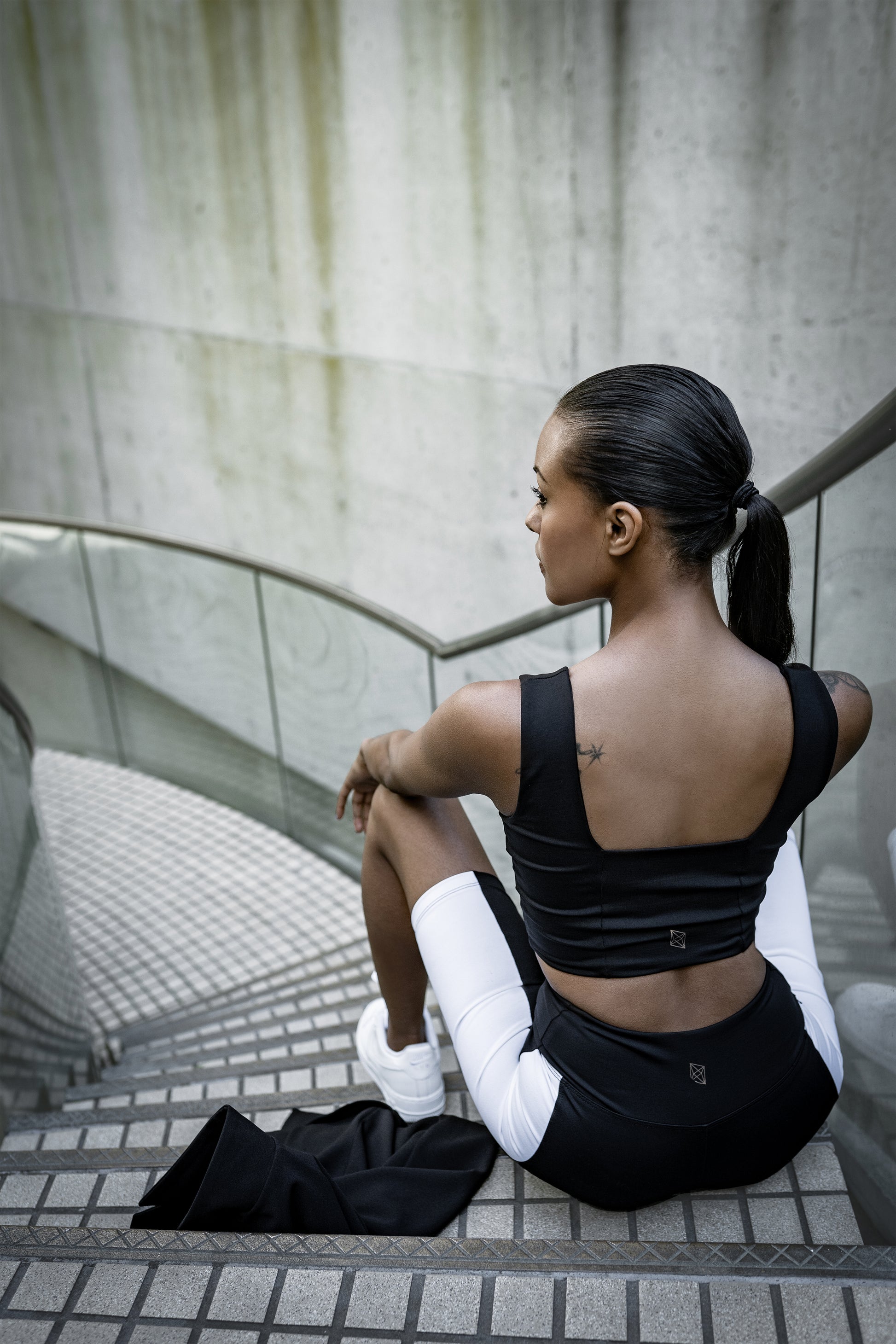 Black Yoga Square Neck Crop Top, Black Bike Shorts with White Stripe