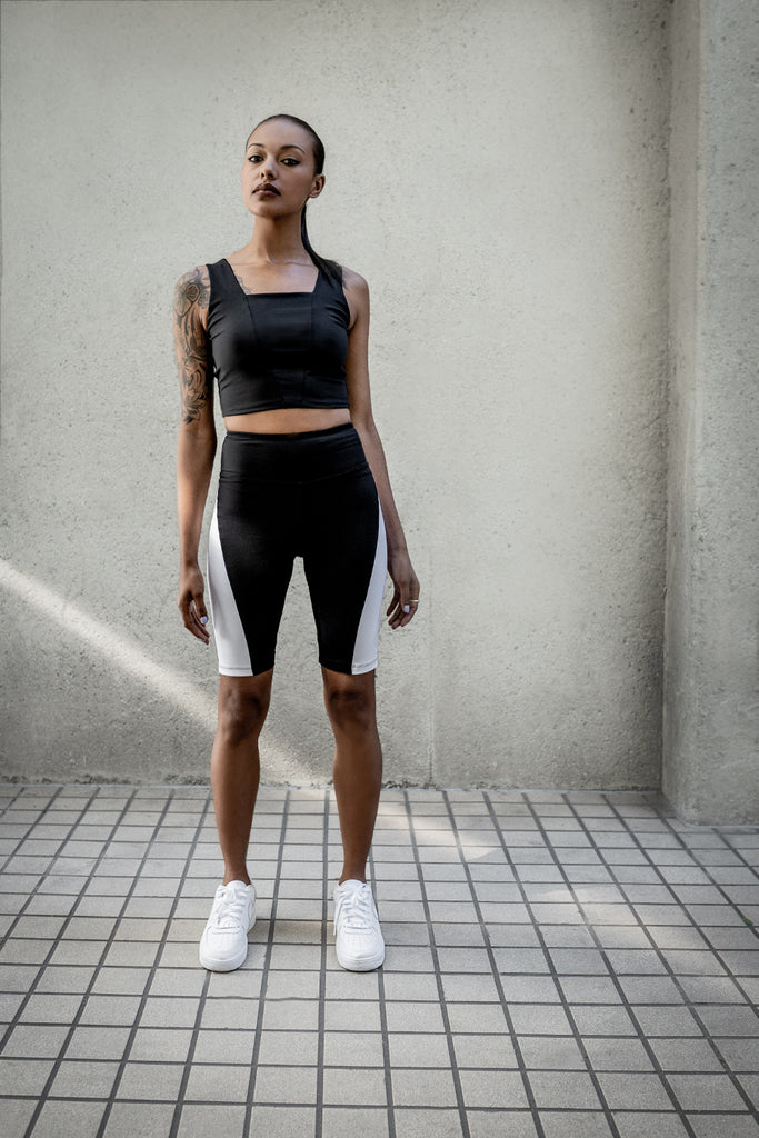 Black Bike Shorts with White Stripes, Black Square Neck Crop Sports Top