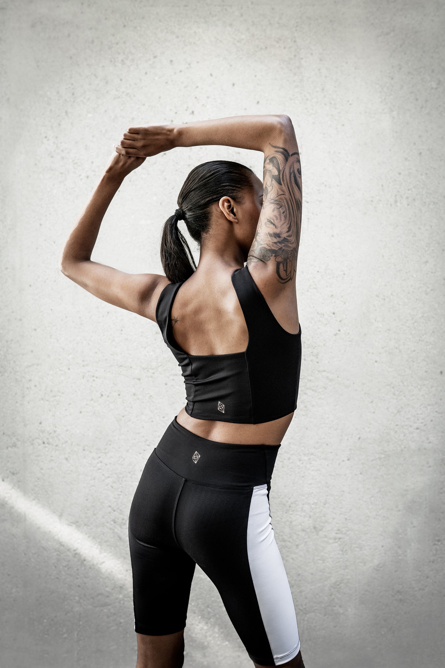 Black Yoga Square Neck Crop Top, Black Bike Shorts with White Stripe