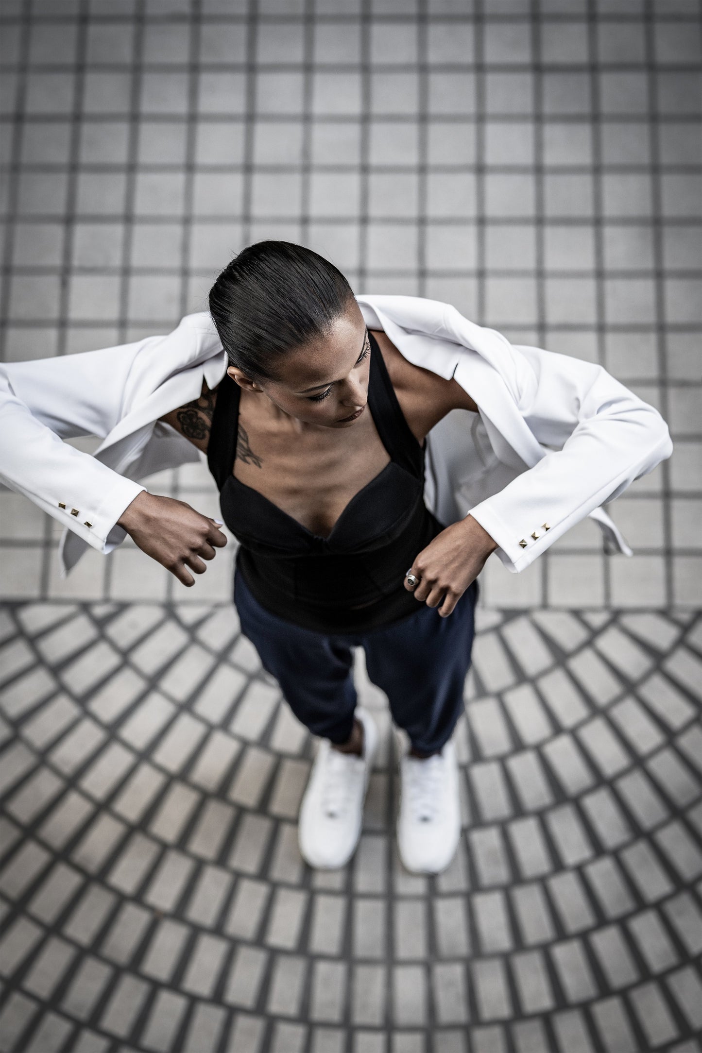 White Stretch Blazer, Black Bustier Sports Bra Top, Navy Blue Mesh Yoga Pants